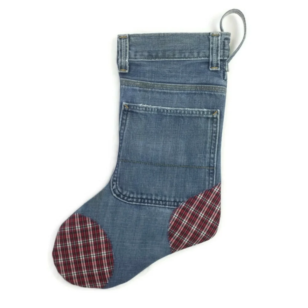 Hand Made Upcycled Denim Christmas Stocking Plaid Toe Heel 17” Rustic Lined